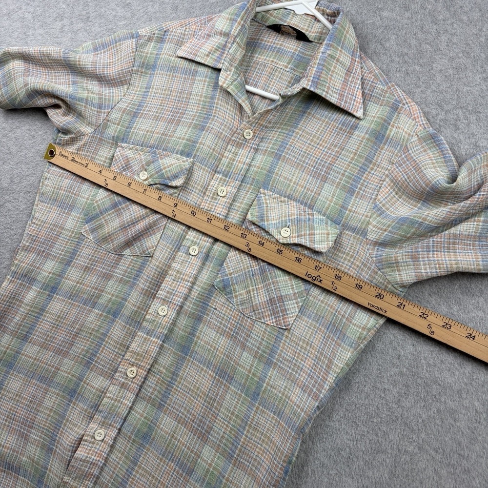 Vintage‎ 70s JCPenney Shirt Mens Medium Plaid Gauze Tapered Two Pocket Button Up - Picture 8 of 9